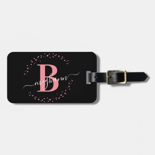Girly Elegant Black Pink Name Monogram Script Lugg Luggage Tag