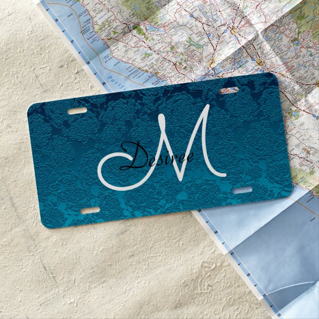 Girly Elegant Blue Modern Monogram License Plate (In Situ)