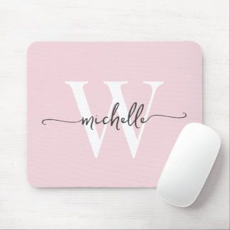 Girly Elegant Blush Pink Monogram Name Script Mouse Pad