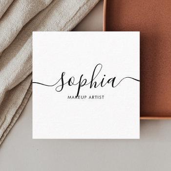 Girly Elegant Calligraphy Minimal White Square Business Card by CrispinStore at Zazzle