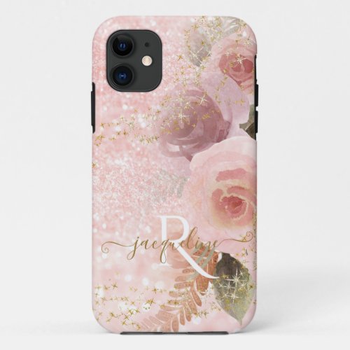 Girly Elegant Floral Pink Glitter Gold Stars Name iPhone 11 Case