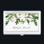 Girly Elegant Floral Roses and Greenery Name Business Card Case<br><div class="desc">Elegant business card case with watercolor painted white roses and greenery along with your name in an elegant handwritten font.  This feminine business card case is great for a lash extension technician,  makeup artist,  hair stylist,  or any woman owned business.</div>