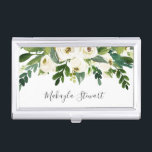 Girly Elegant Floral Roses and Greenery Name Business Card Case<br><div class="desc">Elegant business card case with watercolor painted white roses and greenery along with your name in an elegant handwritten font.  This feminine business card case is great for a lash extension technician,  makeup artist,  hair stylist,  or any woman owned business.</div>