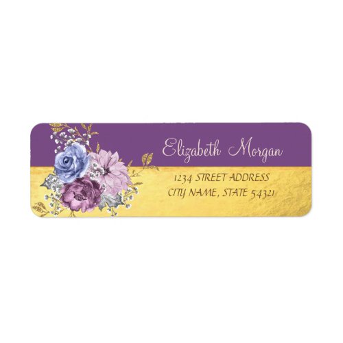 Girly ElegantGoldPurple Flowers Label