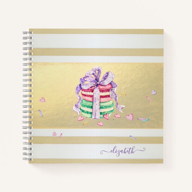 Girly Elegant Gold Stripes Macarons Notebook (Front)