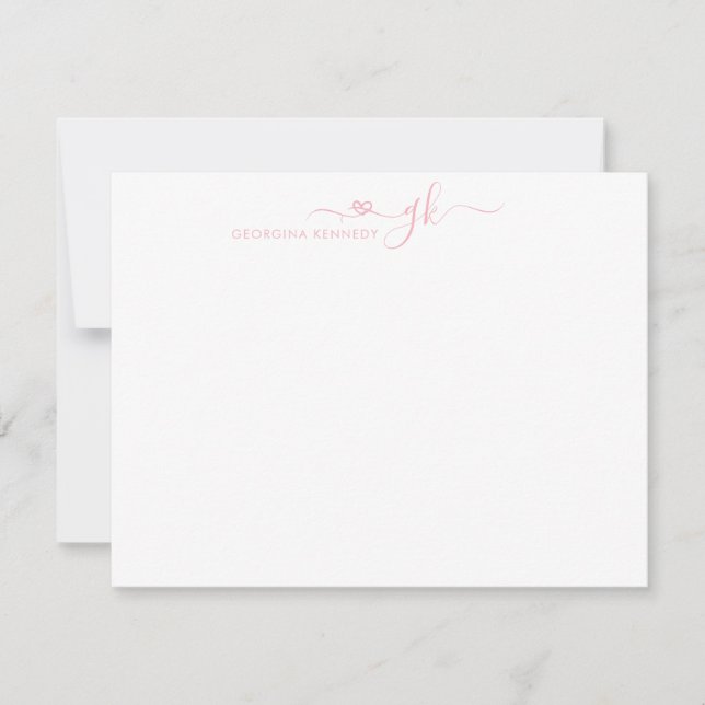 Girly Elegant Heart Script 2 Monogram Blush Pink Note Card (Front)