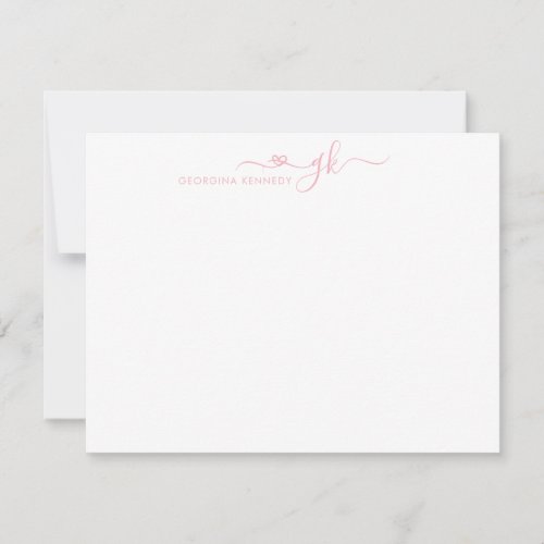 Girly Elegant Heart Script 2 Monogram Blush Pink Note Card