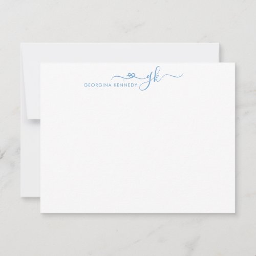 Girly Elegant Heart Script 2 Monogram Dusty Blue Note Card