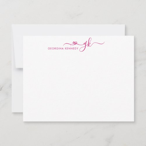 Girly Elegant Heart Script 2 Monogram Magenta Pink Note Card