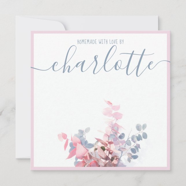 Girly Elegant Minimalist Floral Blue Pink Name Note Card (Front)