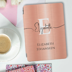 Girly Elegant Peach Brushed Metal White Monogram iPad Mini Cover