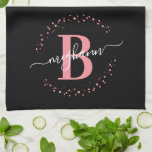 Girly Elegant Pink Black Name Monogram Script Kitc Kitchen Towel<br><div class="desc">Girly, elegant, modern, pink and black white monogram initial name script custom personalized monogrammed kitchen towel. Featuring a monogram initial and a girly name script in a hand lettered calligraphy swash tail font and dotted circle frame around your monogram. Perfect feminine gift for sister, mother, girlfriend, birthday, wedding, bridal shower,...</div>