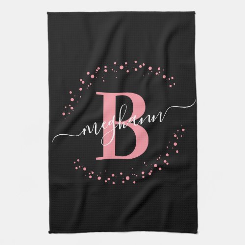 Girly Elegant Pink Black Name Monogram Script Kitchen Towel