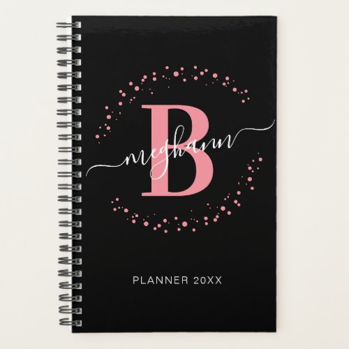 Girly Elegant Pink Black Name Monogrammed 2023 Planner