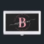 Girly Elegant Pink Black Name Monogrammed Script Business Card Case<br><div class="desc">Girly, modern, elegant, trendy, pink and black, white monogram initial name script custom personalized monogrammed business card case. Featuring a monogram initial and a girly name script in a hand lettered calligraphy swash tail font and dotted circle frame around your monogram. Perfect feminine gift for girlfriend, sister, mother, birthday, wedding,...</div>