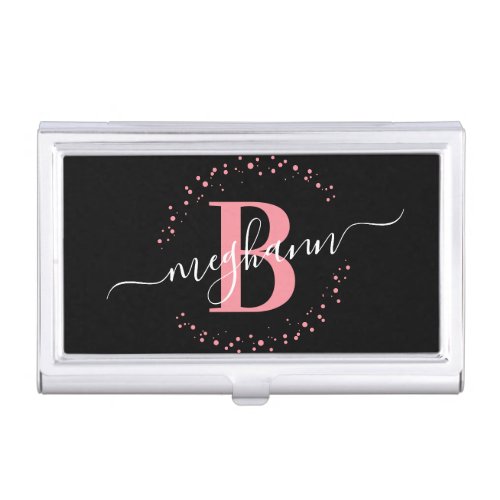 Girly Elegant Pink Black Name Monogrammed Script Business Card Case