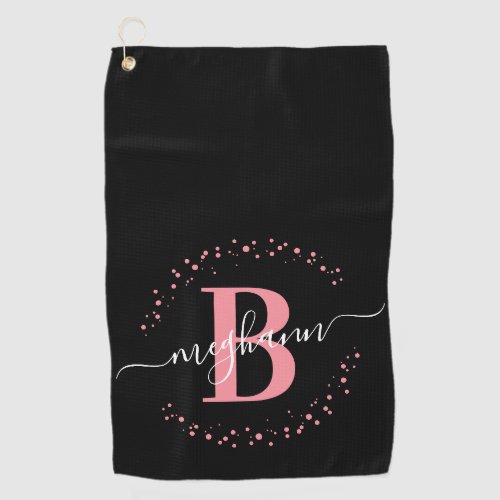 Girly Elegant Pink Black Name Monogrammed Script Golf Towel