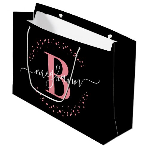 Girly Elegant Pink Black Name Monogrammed Script Large Gift Bag