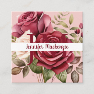 Girly Elegant Pink Burgundy Red Roses Square Business Card