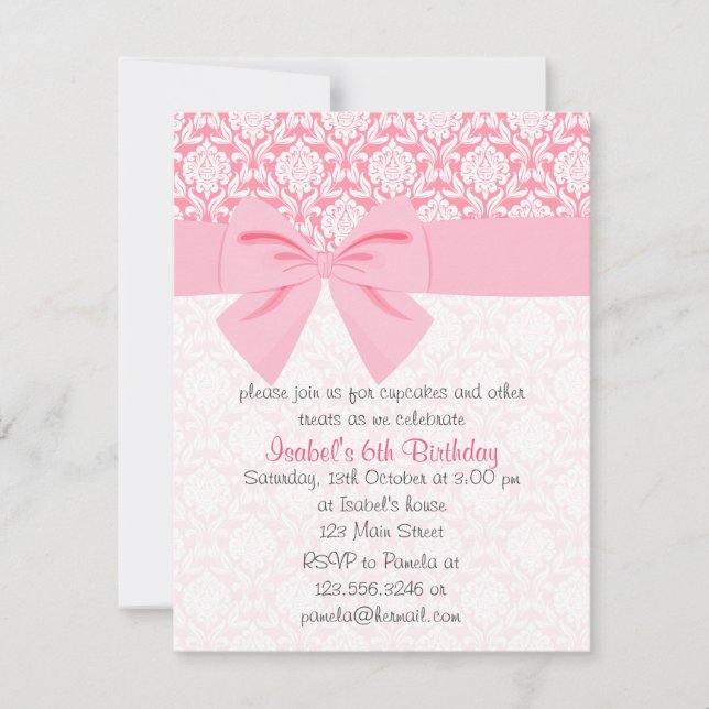 Girly Elegant Pink Damask Wrap Bow Birthday Party Invitation (Front)