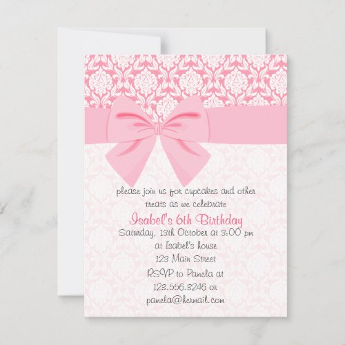 Girly Elegant Pink Damask Wrap Bow Birthday Party Announcements