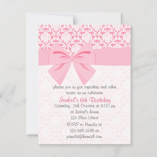 Girly Elegant Pink Damask Wrap Bow Birthday Party Invitation | Zazzle