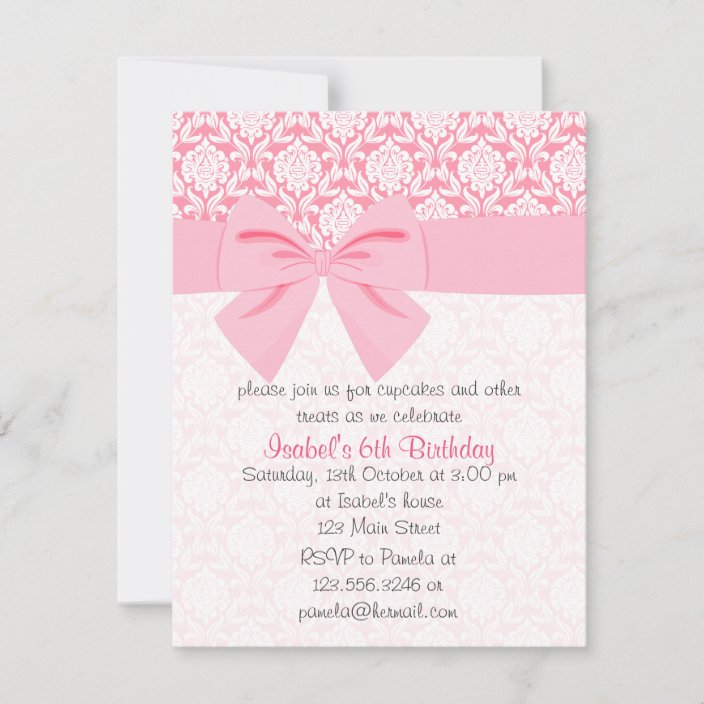 Girly Elegant Pink Damask Wrap Bow Birthday Party Invitation | Zazzle.com