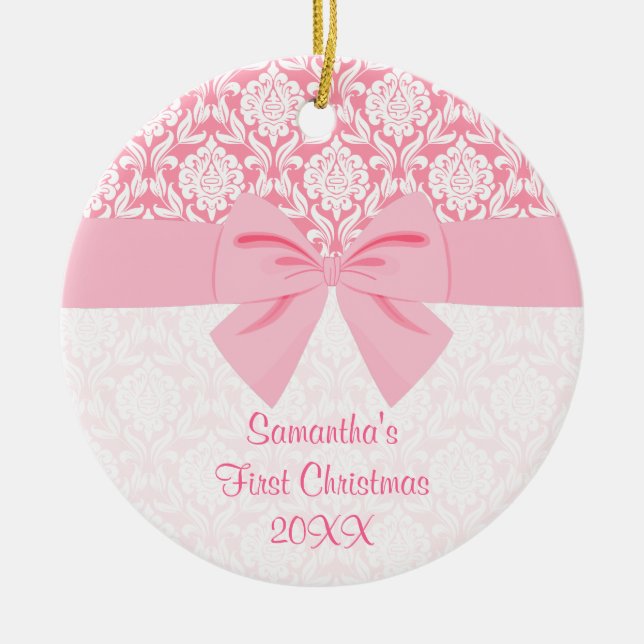 Girly Elegant Pink Damask Wrap Bow First Christmas Ceramic Ornament (Front)