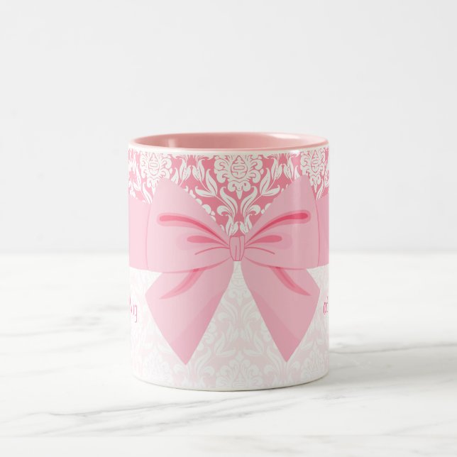 Girly Elegant Pink Damask Wrap Bow Personalized Two-Tone Coffee Mug (Center)