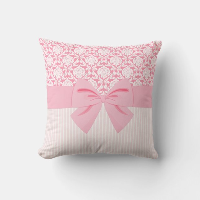 Girly Elegant Pink Damask Wrap Bow Throw Pillow (Front)