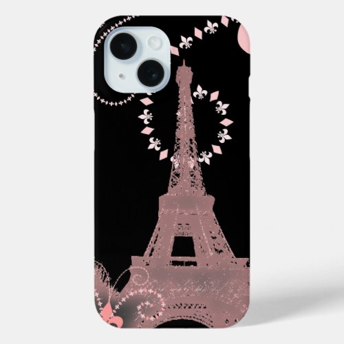 girly elegant pink eiffel tower paris vintage iPhone 15 case