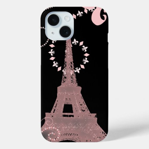 girly elegant pink eiffel tower paris vintage iPhone 15 case