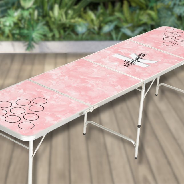Girly Elegant Pink Initial Script Monogram Name Beer Pong Table (Girly Pink Watercolor Marble Name Initial Monogram Beer Pong Table)