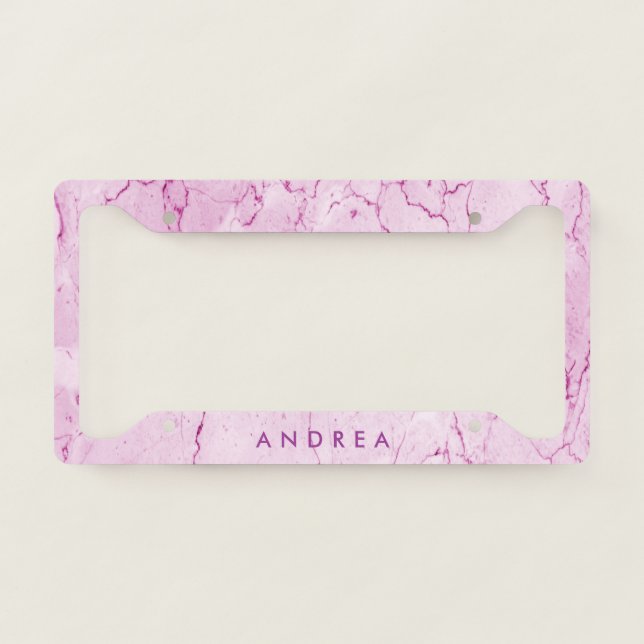Girly Elegant Pink Liquid Marble Chic Name Pretty License Plate Frame (Front)
