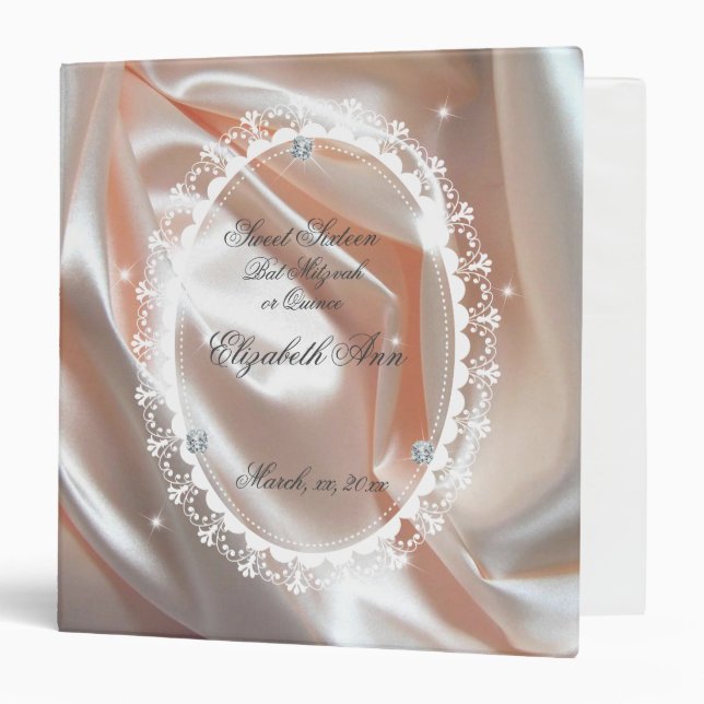 Girly Elegant Pink Satin Lace Stars Diamonds   3 Ring Binder (Front/Inside)