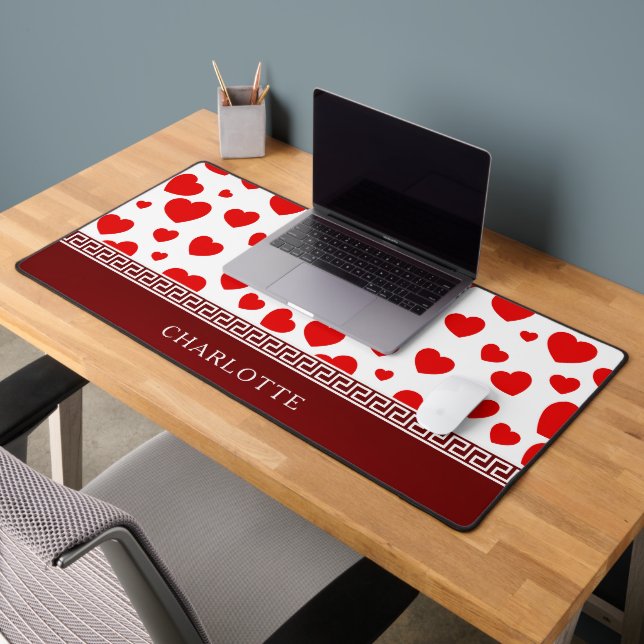 Girly Elegant Red Heart Custom Name  Desk Mat (Office 2)