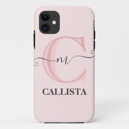 Girly Elegant Simple Blush Pink Black Monogram iPhone 11 Case