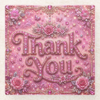 Girly Elegant Sparkly Blush Pink Rose Thank You Glass Coaster