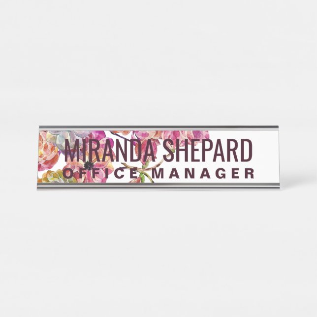Girly Elegant Watercolor Painted Pink Flowers Desk Name Plate (Front)