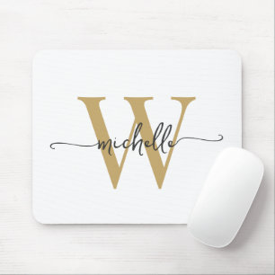 Girly Elegant White Gold Monogram Name Script Mouse Pad