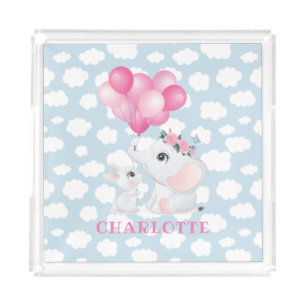 Girly Elephant And Bunny with Flowers and Balloon Acrylic Tray
