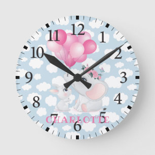 Girly Elephant And Bunny with Flowers and Balloon Round Clock