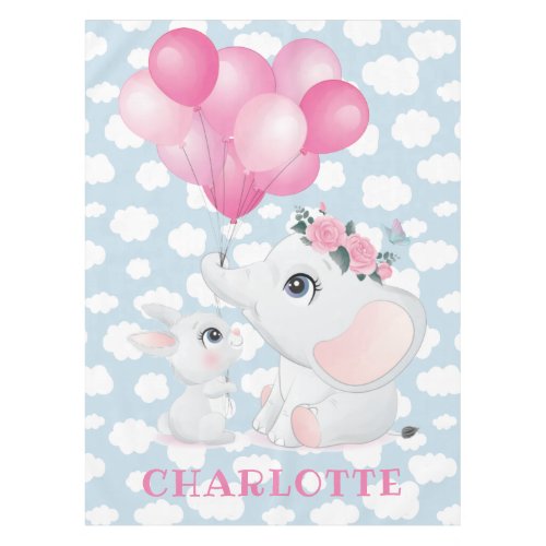 Girly Elephant And Bunny with Flowers and Balloon Tablecloth