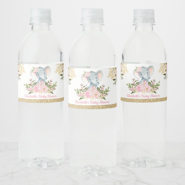 Girly Elephant Baby Shower Blush Pink Floral Favor Water Bottle Label (Bottles)