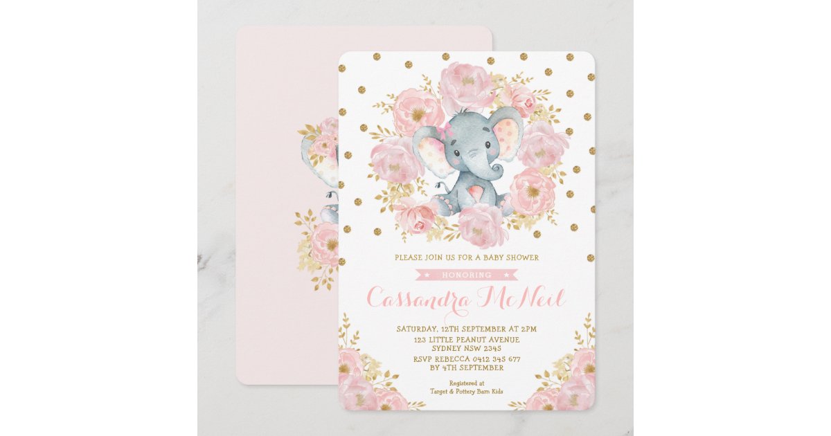 Girly Elephant Blush Pink Floral Baby Girl Shower Invitation | Zazzle