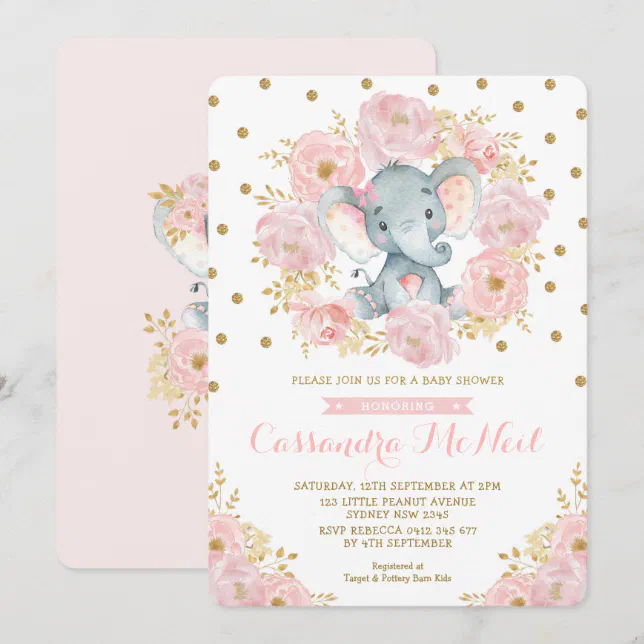 Girly Elephant Blush Pink Floral Baby Girl Shower Invitation | Zazzle