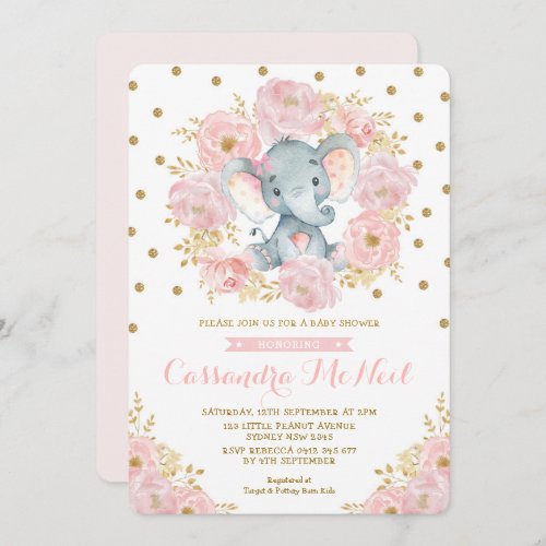 Girly Elephant Blush Pink Floral Baby Girl Shower Invitation