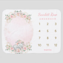Girly Elephant Blush Pink Floral Monthly Milestone Baby Blanket