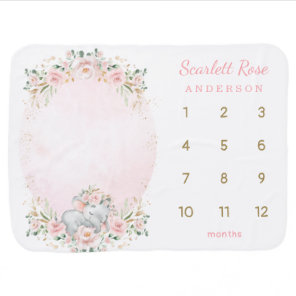 Girly Elephant Blush Pink Floral Monthly Milestone Baby Blanket