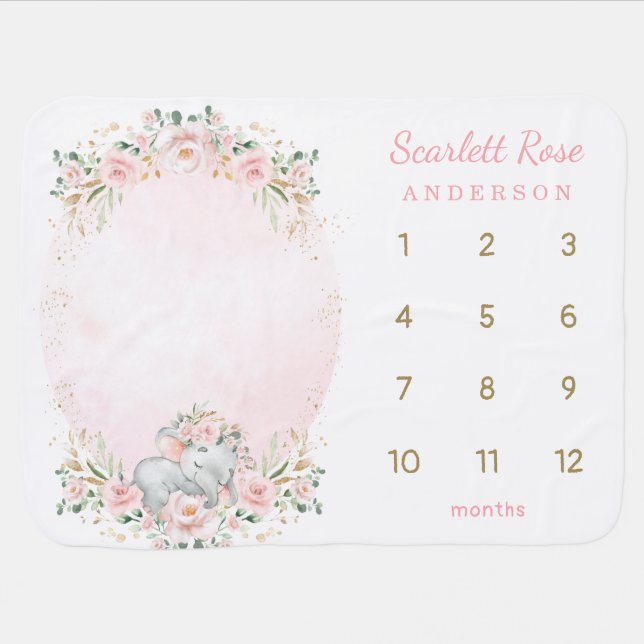 Girly Elephant Blush Pink Floral Monthly Milestone Baby Blanket (Horizontal)